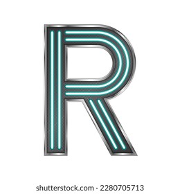 Letter R (Romeo) Capital Uppercase Modern English Alphabet Neon Glow Light Stainless Metallic Frame Futuristic Design Icon Logo Isolated on White Background