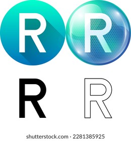 Letter R (Romeo) Capital Uppercase Modern English Alphabet Icon Set of Circular Round Long Shadow, Futuristic Bubble, Black-White Silhouette, Line Art Isolated on White Background
