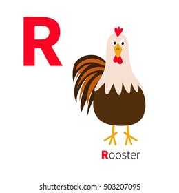 Letter R. Rooster bird. Cute cartoon funny character with big feather tail. Baby farm animal collection. Zoo alphabet. English abc. Flat design. White background. Isolated. Vector illustration