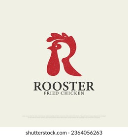 Letra R Rooster Diseño del logotipo del pollo frito con estilo grunge, letra R, ilustración vectorial del icono de la silueta de gallo