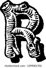 A letter R in rustic letter design, vintage line drawing or engraving illustration