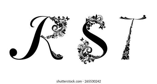 Letter R, S, T  isolated on white. Romantic letter of beautiful flowers. Floral Alphabet. Vector Illustration