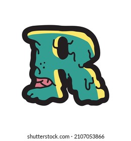 Letter R with scary illustration in green color