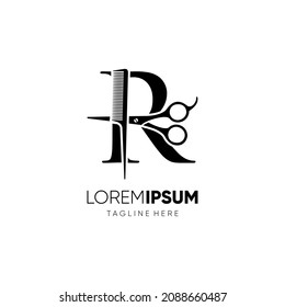 Letter R Scissors and Hair Comb Stylist Logo Design Vector Icon Graphic Emblem Illustration