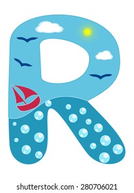 Letter R Sea summer wavy alphabet vector illustration Nautical wavy lines uppercase font ABC letter in marine cyan and blue color with water bubbles, flying birds and sea boat Funny cartoon alphabet