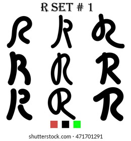 Letter R. Set of stylized letters of the English alphabet. Black font isolated on white background. For the logo, print, web design icons.