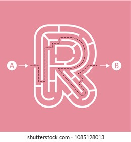 Letter R shape Maze Labyrinth, maze with one way to entrance and one way to exit. Flat design, vector illustration.