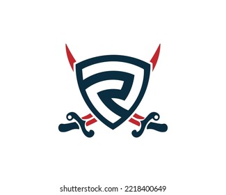 Logo De La Letra R Shield Con Dos Espadas Cruzadas. Ilustración vectorial creativa de energía, lealtad y seguridad.