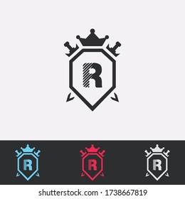 Letra R Shield, Espada, Corona -Logotipo abstracto - Diseño del vector