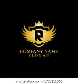 Carta R Shield, Wing y Crown Gold en un estilo elegante con fondo negro para el diseño de plantillas de logotipos para empresas, Emblem, concepto de diseño, símbolo creativo, icono
