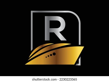 Letter R with the ship, cruise, or boat logo design template, icon sign symbol ocean waves vector illustration.
