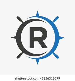 Letter R Ship Logo Concept With Ship Wheel Sign Vector Template