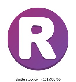 Letter R sign design template element. Vector. White icon with flat shadow on purpureus circle at white background. Isolated.