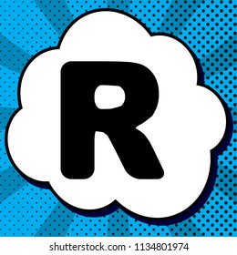 Letter R sign design template element. Vector. Black icon in bubble on blue pop-art background with rays.