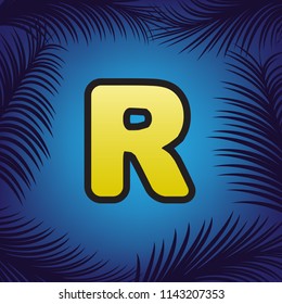 Letter R sign design template element. Vector. Golden icon with black contour at blue background with branches of palm trees.