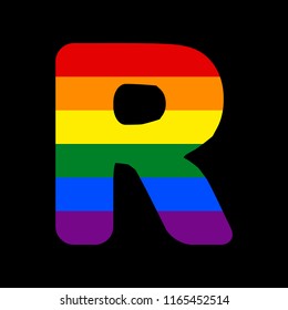 Letter R sign design template element. Vector. Icon with colors of LGBT flag at black background.