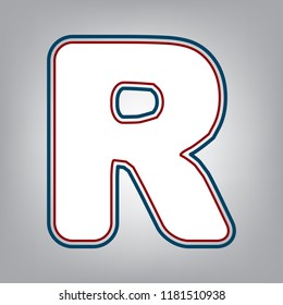 Letter R sign design template element. Vector. Dark red, transparent and midnight green stroke of white icon at grayish background.