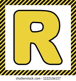 Letter R sign design template element. Vector. Warm yellow icon with black contour in frame named as under construction at white background. Isolated.