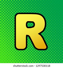 Letter R sign design template element. Vector. Pop art orange to yellow dots-gradient icon with black contour at greenish background.