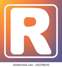 Letter R sign design template element. Vector. White icon on transparent button at orange-violet gradient background.