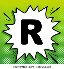 Letter R sign design template element. Black Icon on white popart Splash at green background with white spots. Illustration.