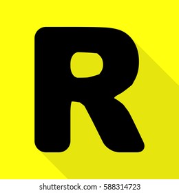 Letter R sign design template element. Black icon with flat style shadow path on yellow background.