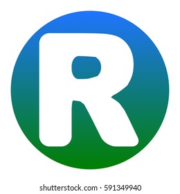 Letter R sign design template element. Vector. White icon in bluish circle on white background. Isolated.
