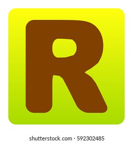 Letter R sign design template element. Vector. Brown icon at green-yellow gradient square with rounded corners on white background. Isolated.