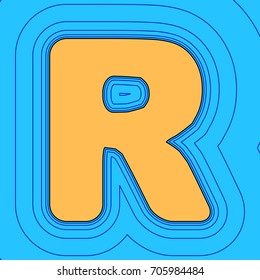 Letter R sign design template element. Vector. Sand color icon with black contour and equidistant blue contours like field at sky blue background. Like waves on map - island in ocean or sea.