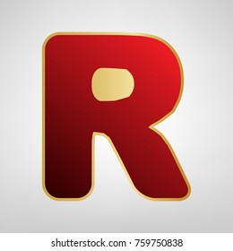 Letter R sign design template element. Vector. Red icon on gold sticker at light gray background.