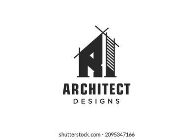 Letter R Simple Modern Building Architecture Logo Design With Line Art Skyscraper