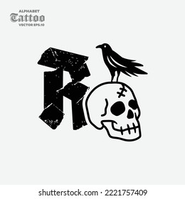 The letter R with a skull head on it has a black crow, black and white style