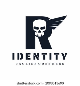 Letter R Skull Wings Logo Design