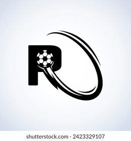 Letter R with a soccer ball and trail incorporated. Best for football or soccer players to use as initial of their name or team symbol. Bold R logo silhouette for competitive sports clubs. 