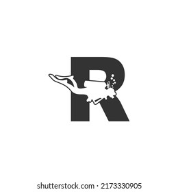 Letter R and someone scuba, diving icon illustration template