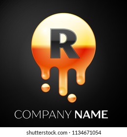Letter R splash logo. Golden dots and bubbles letter design on black background. Vector Illustration