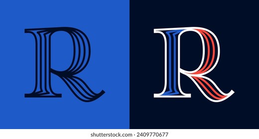 Letter R sport logo. Blue and red lines font. Patriotic emblem for Independence or Veterans Day. Serif type for college baseball team, basketball uniform, vintage style headlines, motorcycle magazine.