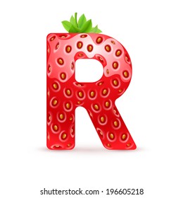 Letter R in strawberry style with green leaves