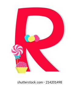 Letter "r from stylized alphabet with candies. Letter "r" from stylized alphabet with candies: lollipop, tablets candy, brigadeiro. White background.