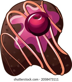 The letter R is stylized as a sweet chocolate donut. Delicious dessert, sweets, cherries, topping and cream. A bright cake.