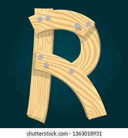 Letter R - stylized vector font made from wooden planks hammered with iron nails.