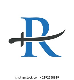 Plantilla de vectores con logotipo de espadas R. Icono de espadas para símbolo de protección y privacidad