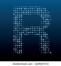Letter R symbol evenly filled with white dots of various sizes. Vector illustration on blue background