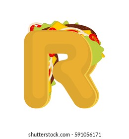 Letter R tacos. Mexican fast food font. Taco alphabet symbol. Mexico meal ABC