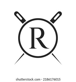 Letter R Tailor Logo, Needle and Thread Combination for Embroider, Textile, Fashion, Cloth, Fabric Template