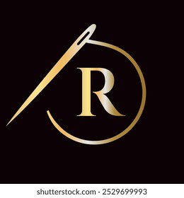 Letra R Tailor Logotipo, aguja e hilo Logotipo para la ropa, bordado, textil, moda, tela, muestra de tela
