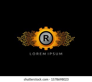 Letter R Techno Gear Logo Icon, Modern Network Service Logo Template.