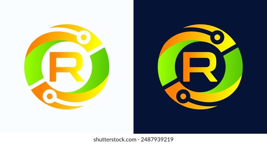 Letter R technology logo with circles and circuit board lines with letter R inside for digital, data, connection in green and orange gradient colors