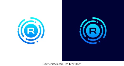 Letter R technology logo with circuit board line style circle for digital,data,connection