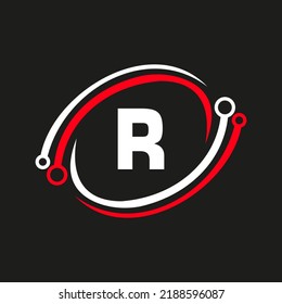 Logo für die Buchstabe-R-Technologie in Verbindung mit einer Vektorgrafik-Vorlage für das Technologiekabel